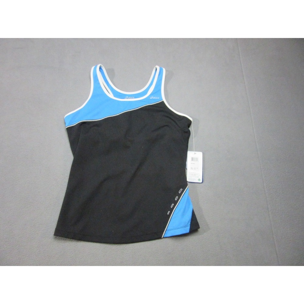 ASICS Tank Top Womens Large Black Blue Stretch ARD Shimmel Logo Workout Running